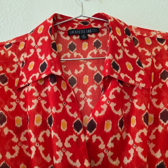 Lafayette 148 New York Red Ikat Print Button Front Blouse Women Sz 14 Tie Front - Picture 2 of 13